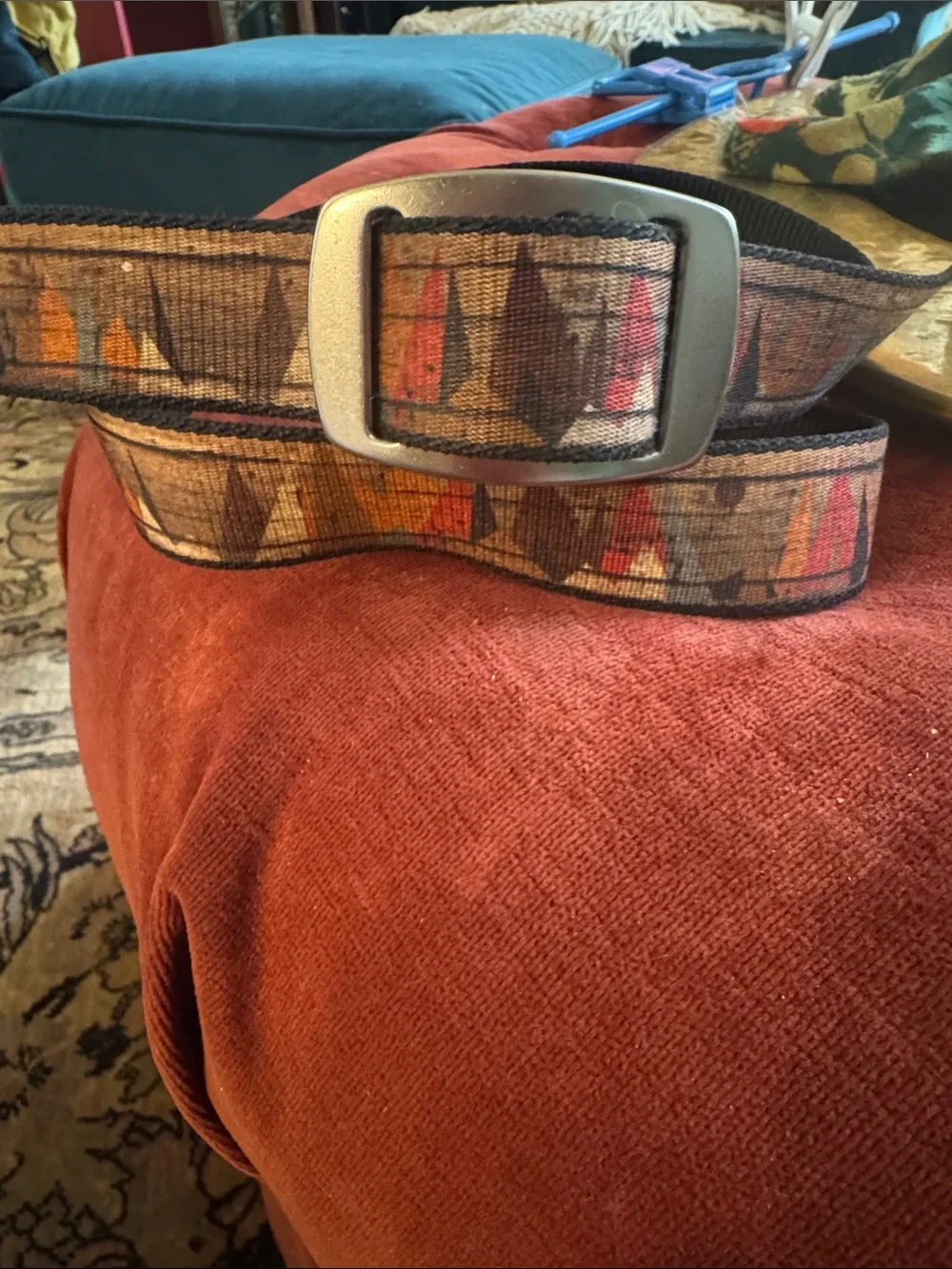 Canvas Web Belt with Sailboat Motif in Brown, Orange & Red